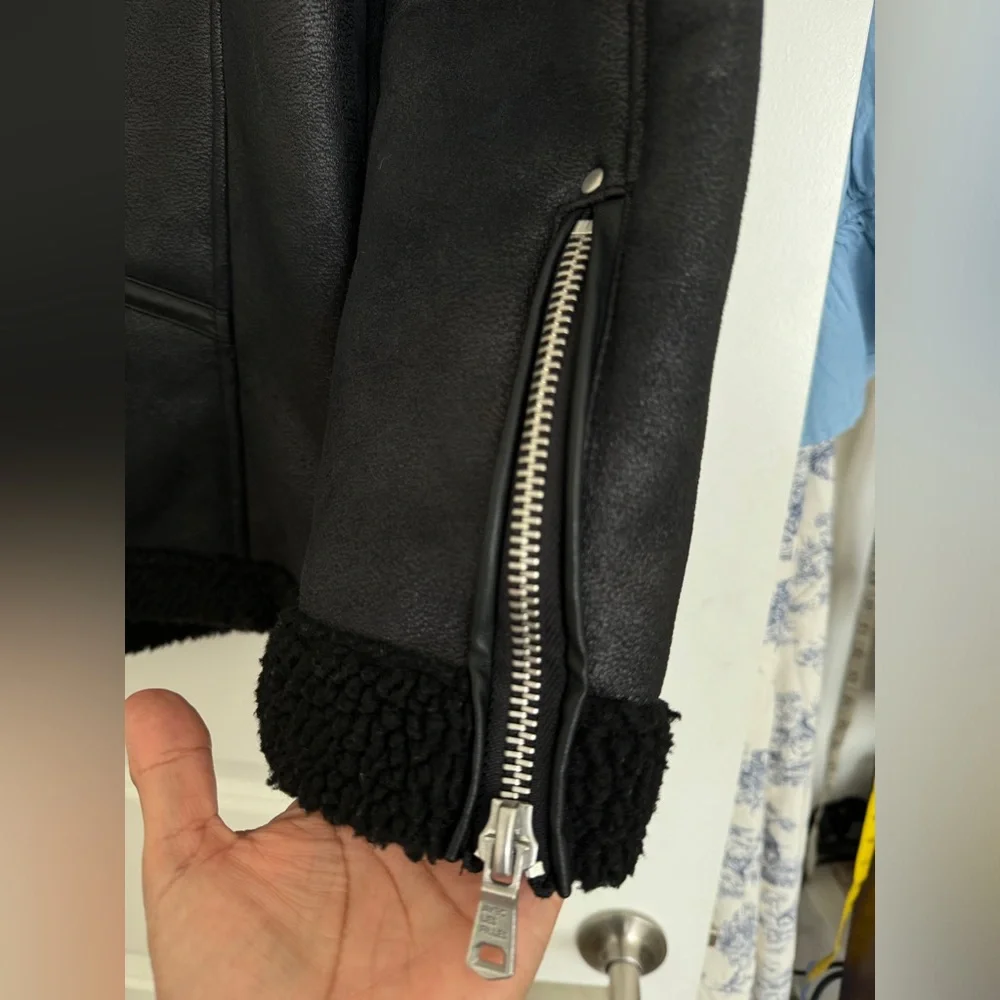 Avec Les Filles Faux Shearling Black Biker Jacket Size M - Picture 10 of 12